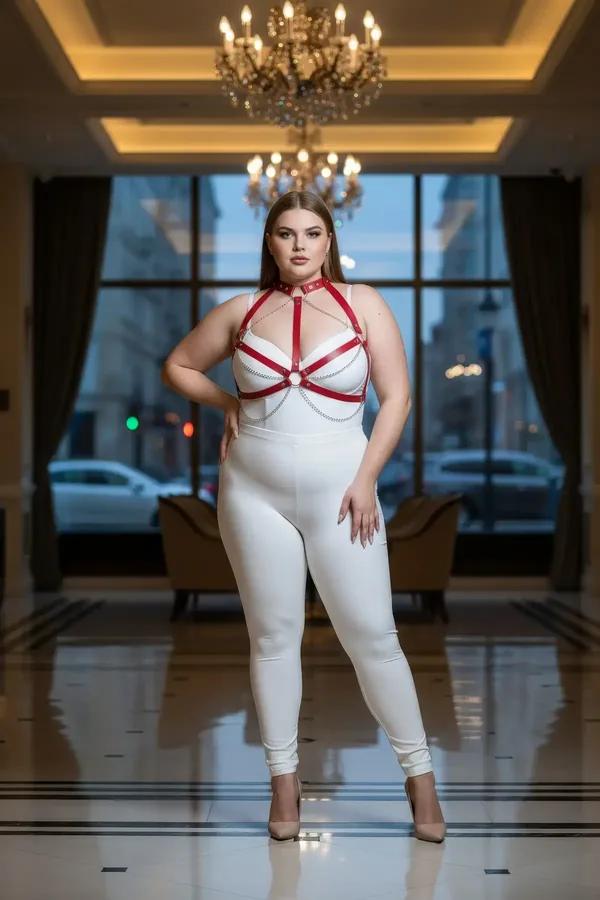 red faux leather chest harness with draped silver chains and white O-ring worn by plus-size model over white bodysuit