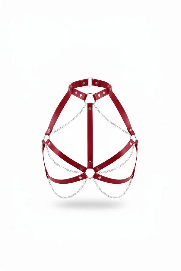 red vegan leather chest harness bra with three layered silver link chains and centre O-ring on white background