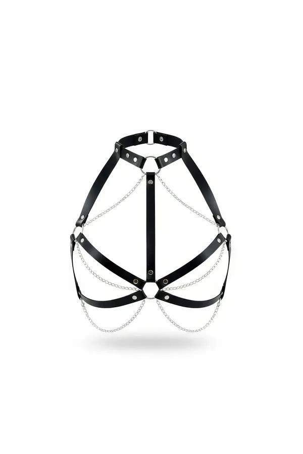 Black faux leather chest harness with three rows of draped silver chains and four O-rings, front view on white background