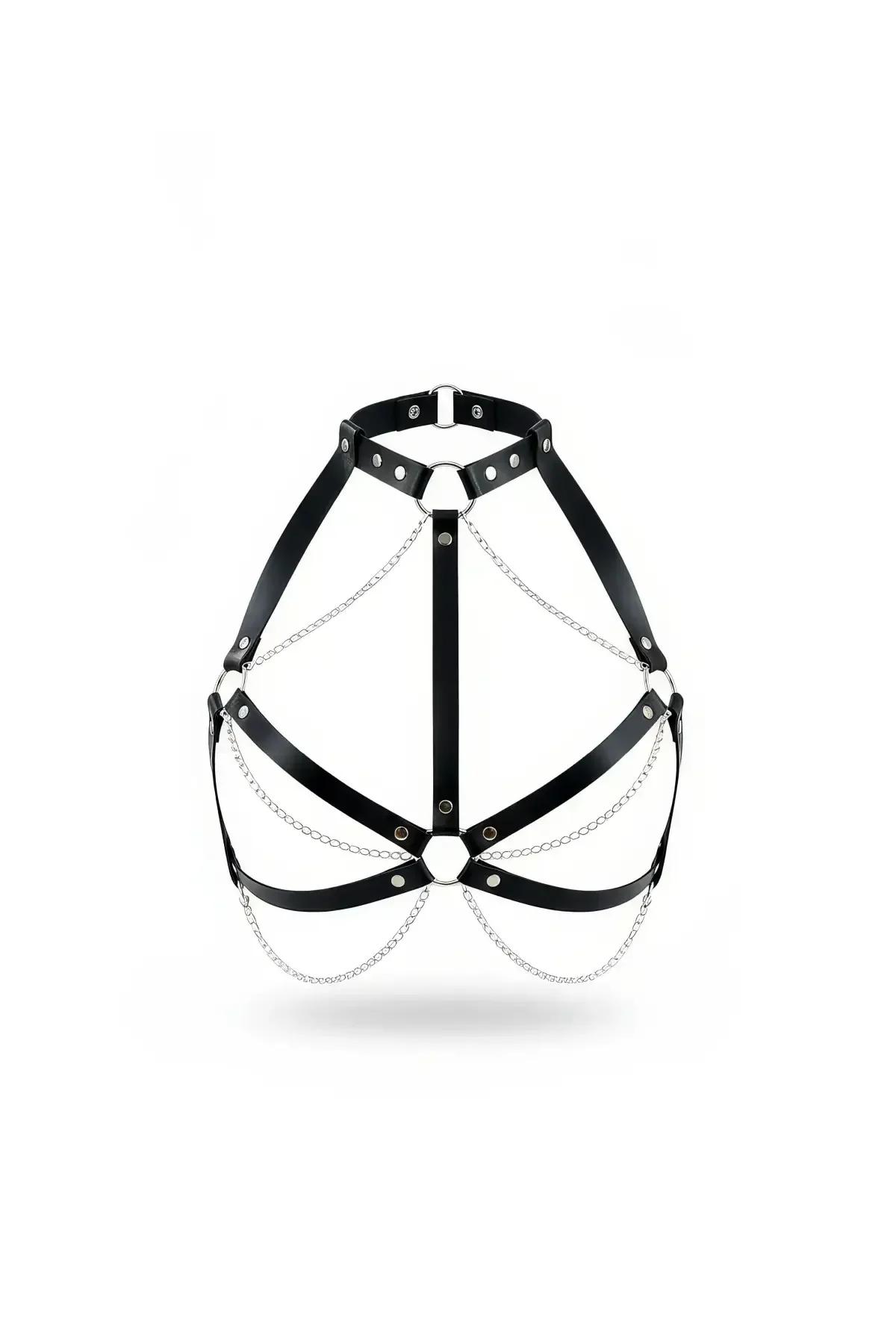 siyah faux leather göğüs harness gümüş O-halka ve asılı çift katman zincir detaylı vücut aksesuarı