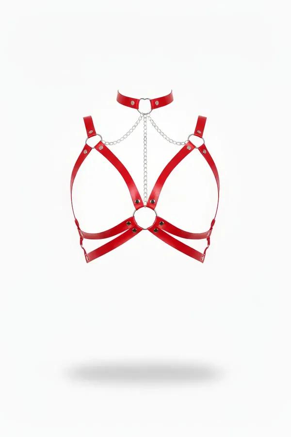 red faux leather chest harness with integrated choker silver chain and O-ring hardware front view