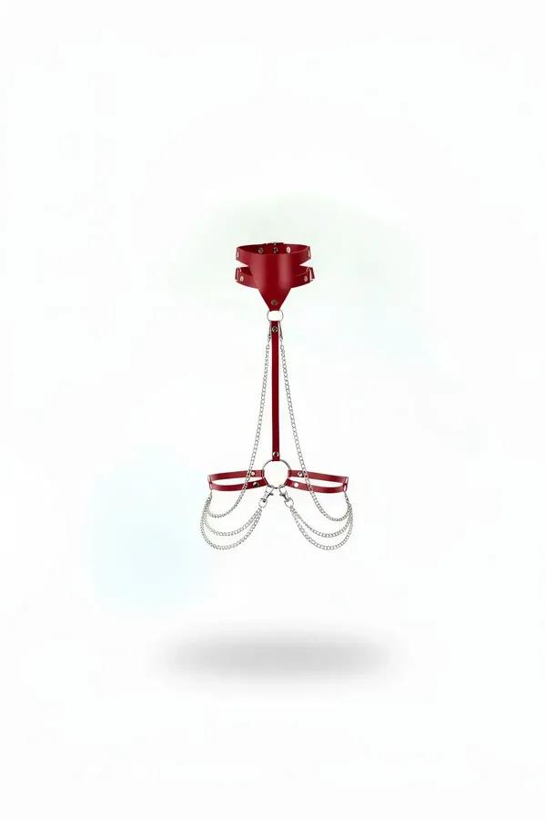 Red faux leather neck and underbust harness with draped silver and red chain loops, front view