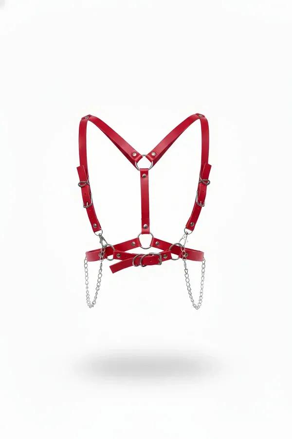 red faux leather chest harness Y-front strap design with silver O-rings and hanging chain detail
