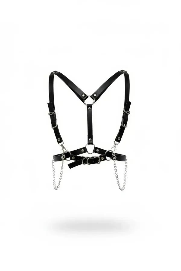 Black faux leather chest harness with silver O-rings, Y-strap design, and two detachable silver link chains at waist band