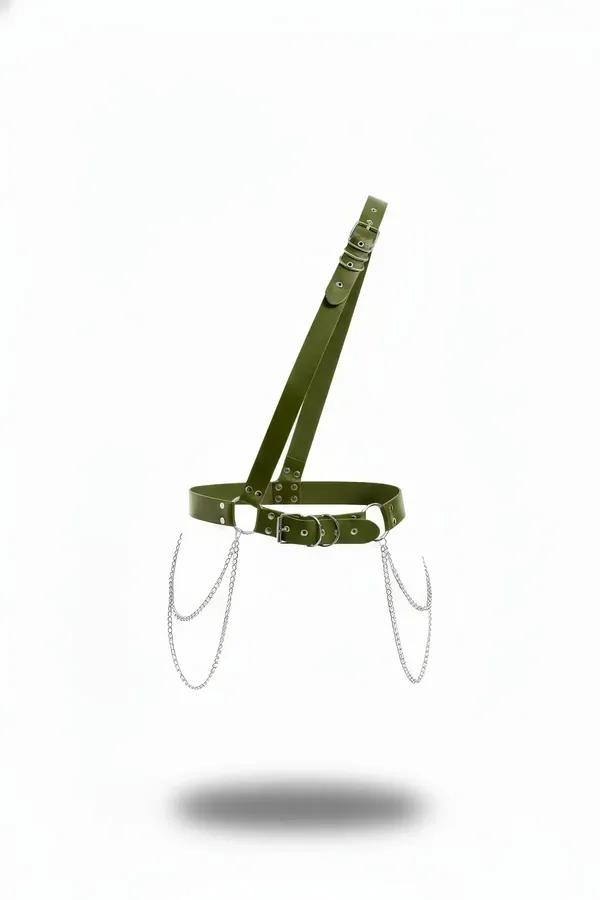 olive vegan leather asymmetric shoulder harness with three draped silver-tone chains and twin-buckle waist band