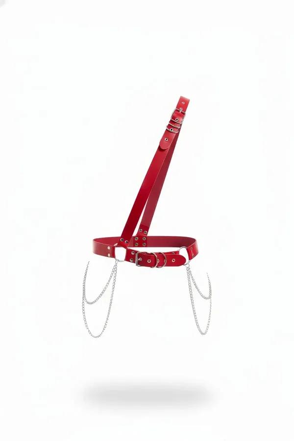 red faux leather waist harness with three draped silver chains and asymmetric diagonal shoulder strap, silver O-ring buckles