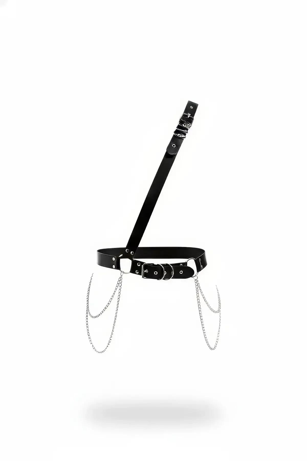 siyah suni deri bel harness gümüş sarkan zincir detaylı çapraz omuz askılı D-ring toka
