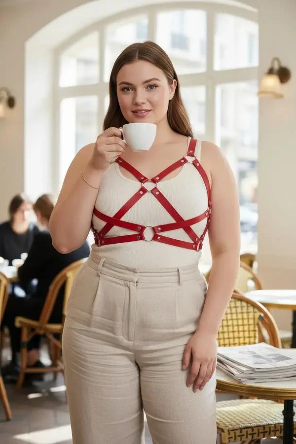 Red faux leather cage chest harness with three silver O-rings worn over a cream ribbed top, plus size model