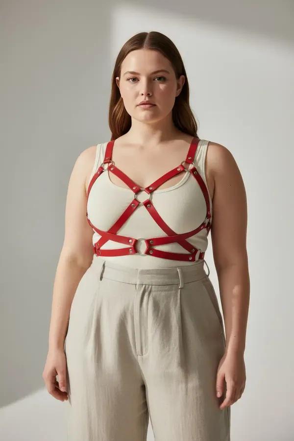 Red faux leather cage chest harness with three silver O-rings worn over a cream ribbed top, plus size model