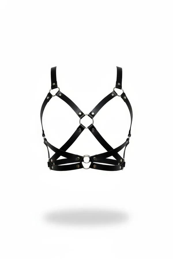 black faux leather caged body harness bra top with silver O-rings and criss-cross chest straps