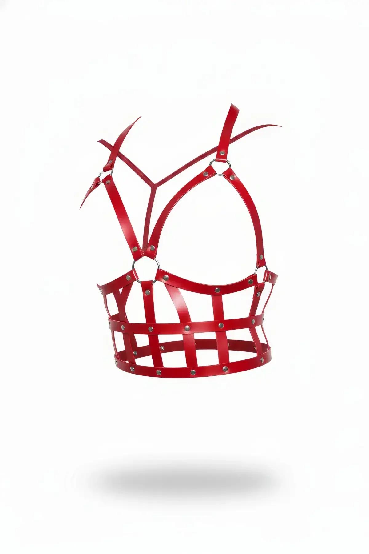 red faux leather cage body harness top with silver studs and O-ring, structured grid bodice, adjustable halter straps