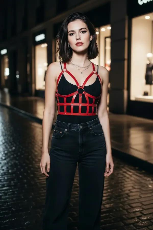 red faux leather cage chest harness with silver central O-ring worn over black bralette