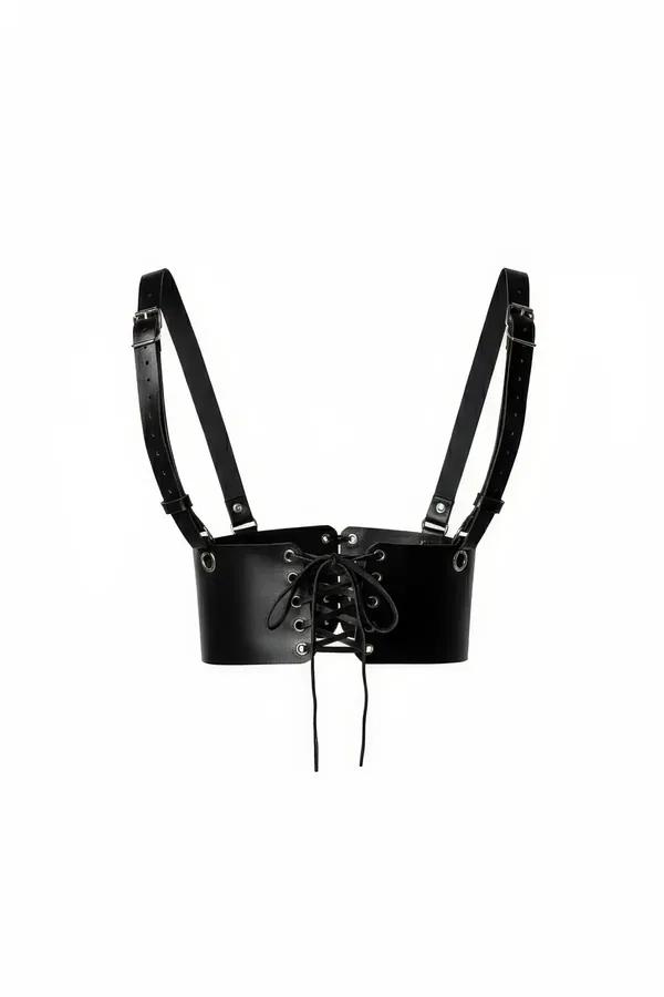 black faux leather underbust cincher harness with front lacing, silver grommets and adjustable shoulder straps