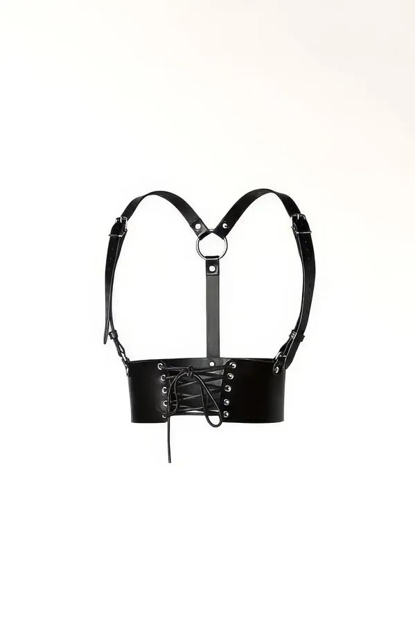 black faux leather corset waist harness with lace-up front silver O-ring and adjustable shoulder straps