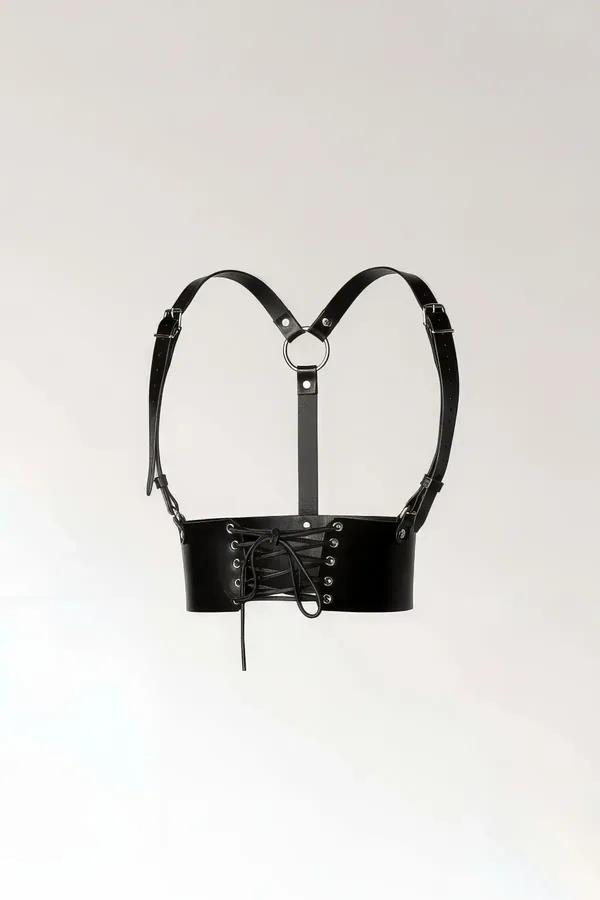 black faux leather corset waist harness with lace-up front silver O-ring and adjustable shoulder straps