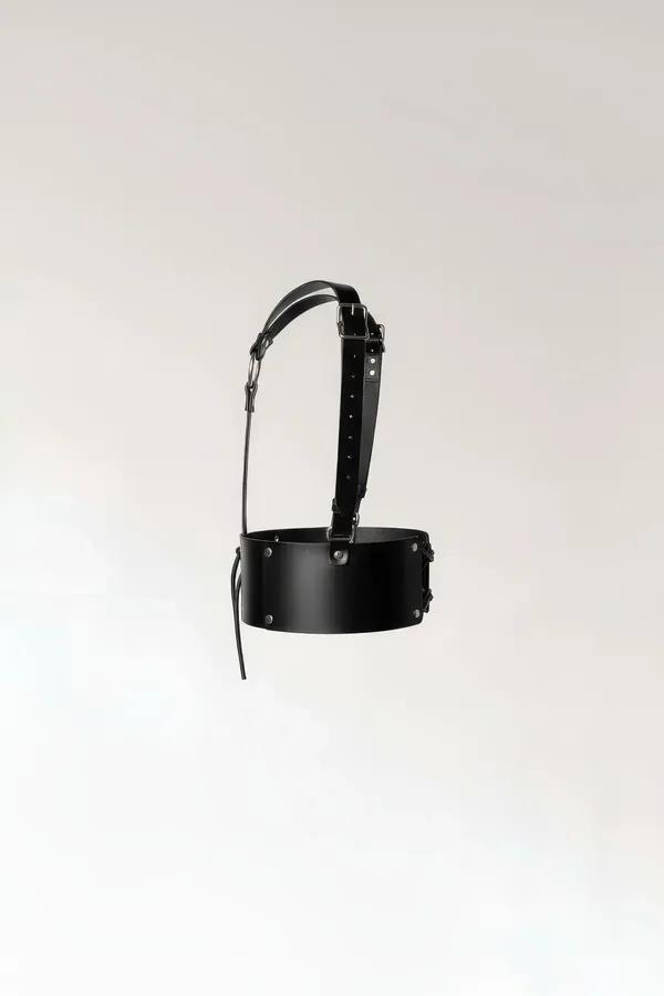 black faux leather corset waist harness with lace-up front silver O-ring and adjustable shoulder straps