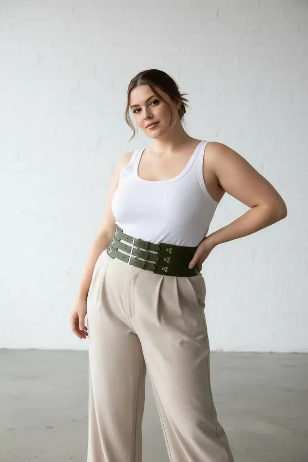 olive green triple-strap corset waist harness belt with silver eyelet buckles worn over white camisole