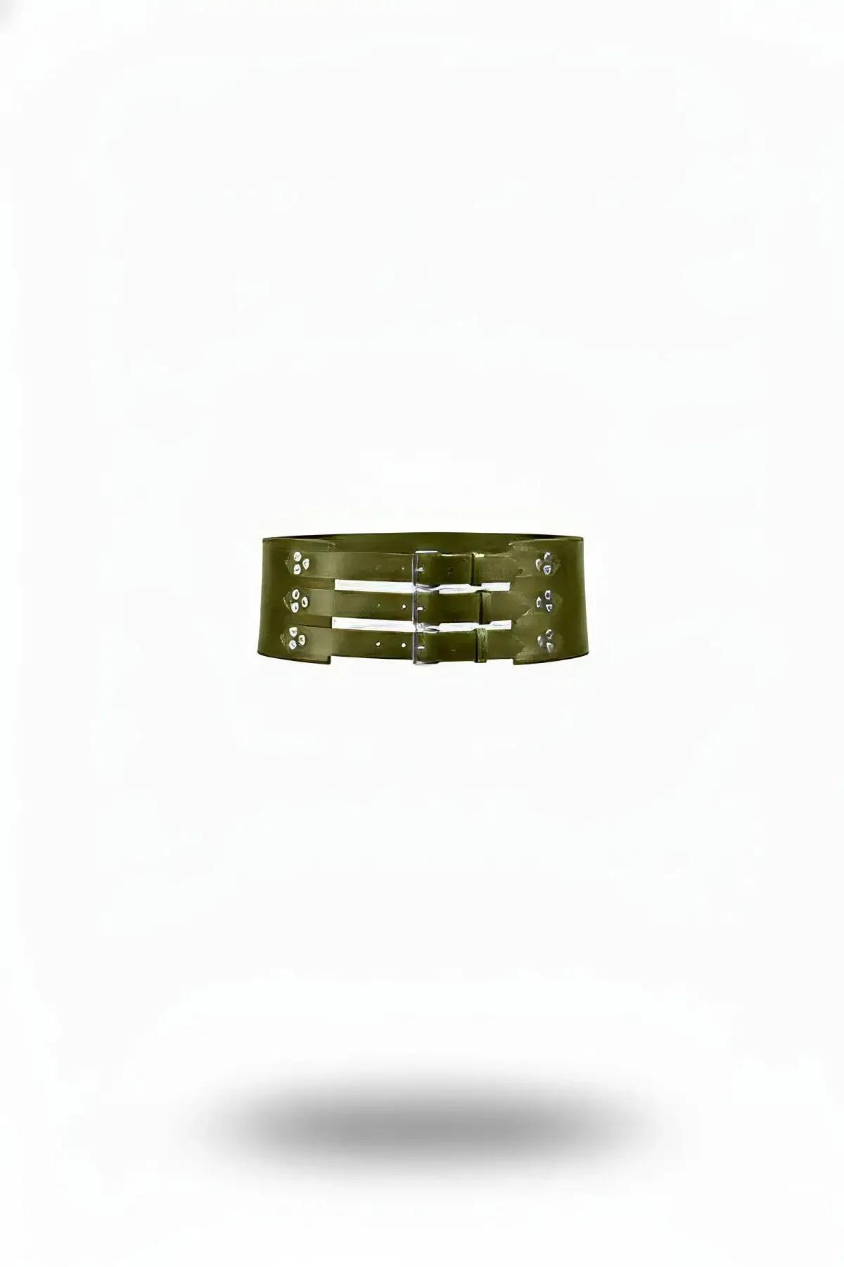 khaki faux leather wide waist belt with three silver buckle strap panels front view