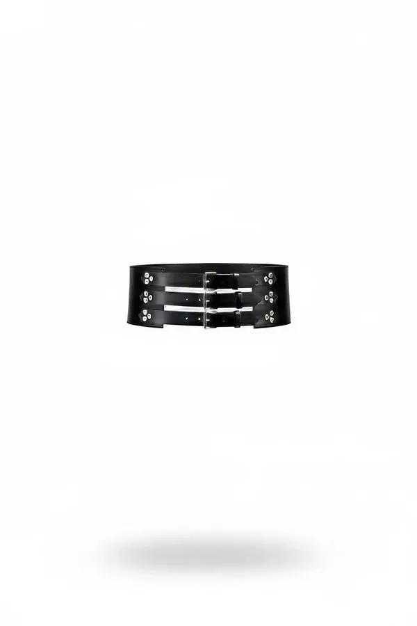 siyah faux leather geniş bel kemeri üç gümüş metal toka ve perçin detaylı aksesuar