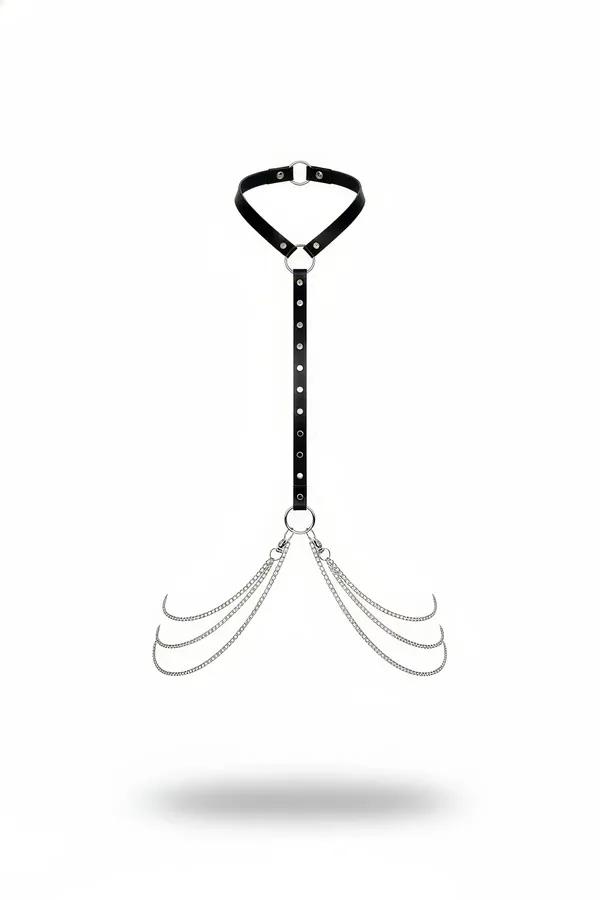 black faux leather choker harness with three-tier silver draping chains and O-ring hardware on white background