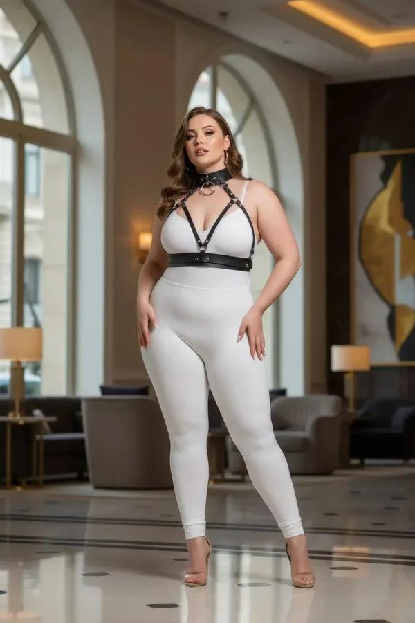black faux leather o-ring choker and chest harness set with gold hardware worn over white bralette plus size model