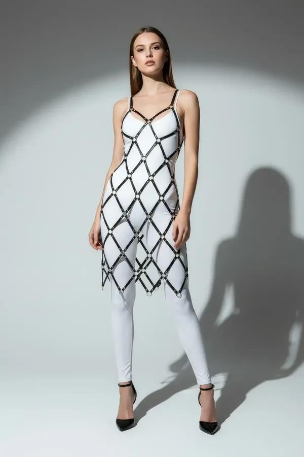 white faux leather diamond cage full body harness overlay dress with silver O-ring junctions chest to mid-thigh