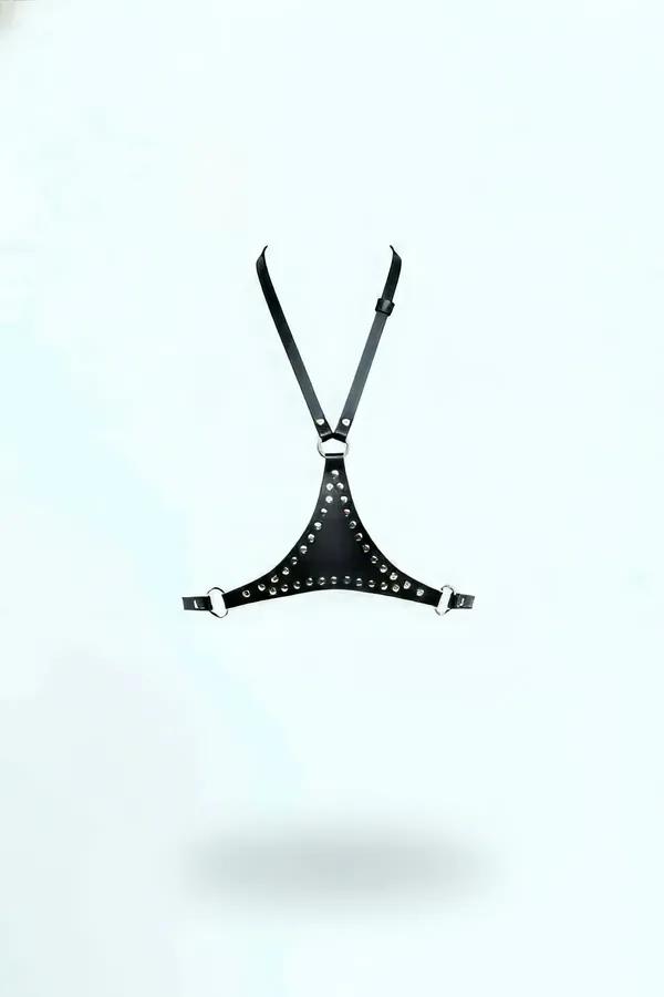 black faux leather studded chest harness with silver O-ring and triangular panel front view