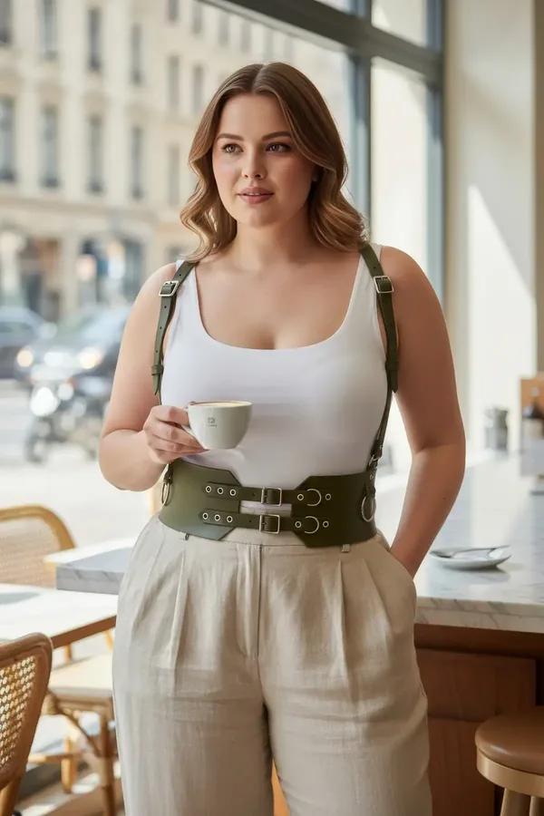 olive green wide faux leather waist harness with adjustable shoulder straps and silver buckle hardware worn over white tank t