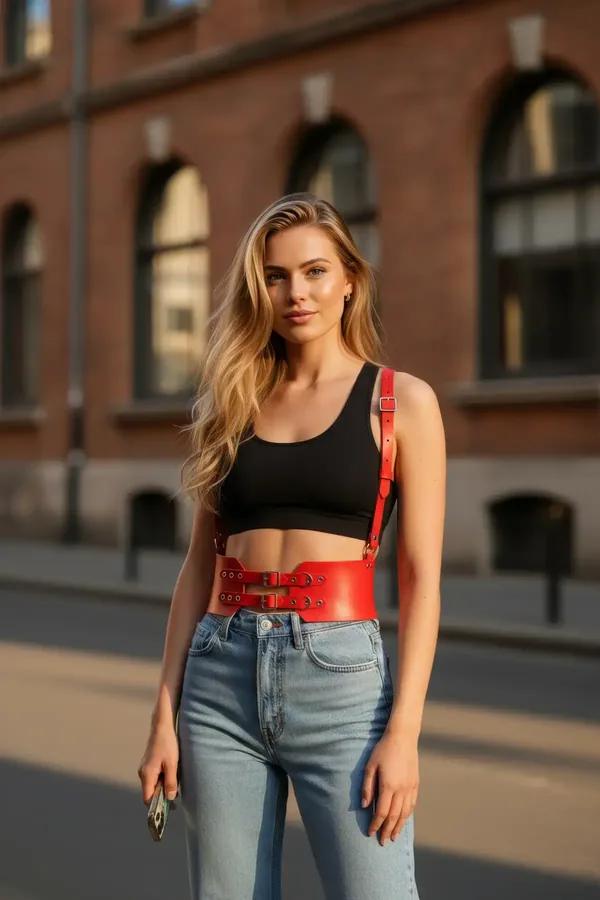 red faux leather wide waist harness with double gold buckles and single adjustable shoulder strap worn over black crop top