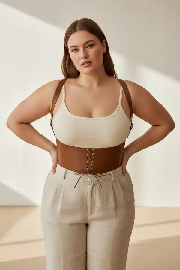 tan faux leather underbust corset harness with front lace-up eyelets and adjustable shoulder straps worn over white crop top