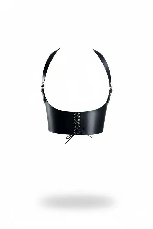 black faux leather underbust corset harness with front lace-up eyelets and wide halter shoulder straps