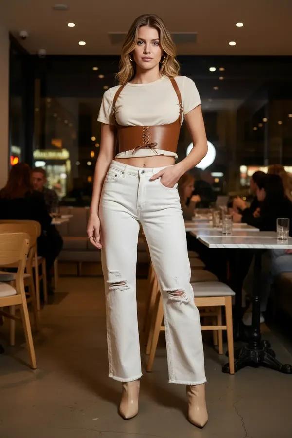 caramel faux leather corset waist harness with lace-up front and adjustable shoulder straps worn over white tee
