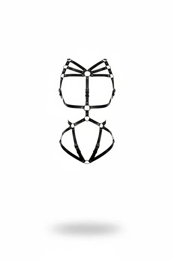 black faux leather strappy o-ring full body harness with five-strap chest cage and silver hardware