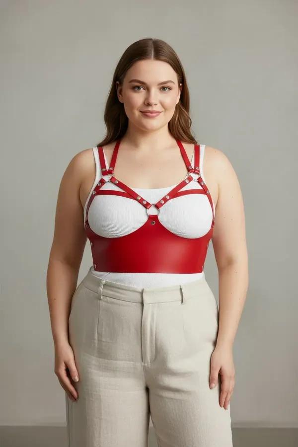 Red faux leather strappy chest harness bra with silver stud rivets worn over cream ribbed tank top on plus-size model