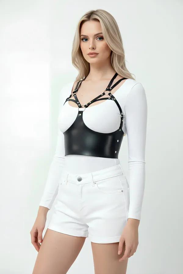black faux leather bustier harness with silver studded cup detail and double shoulder straps with O-ring hardware
