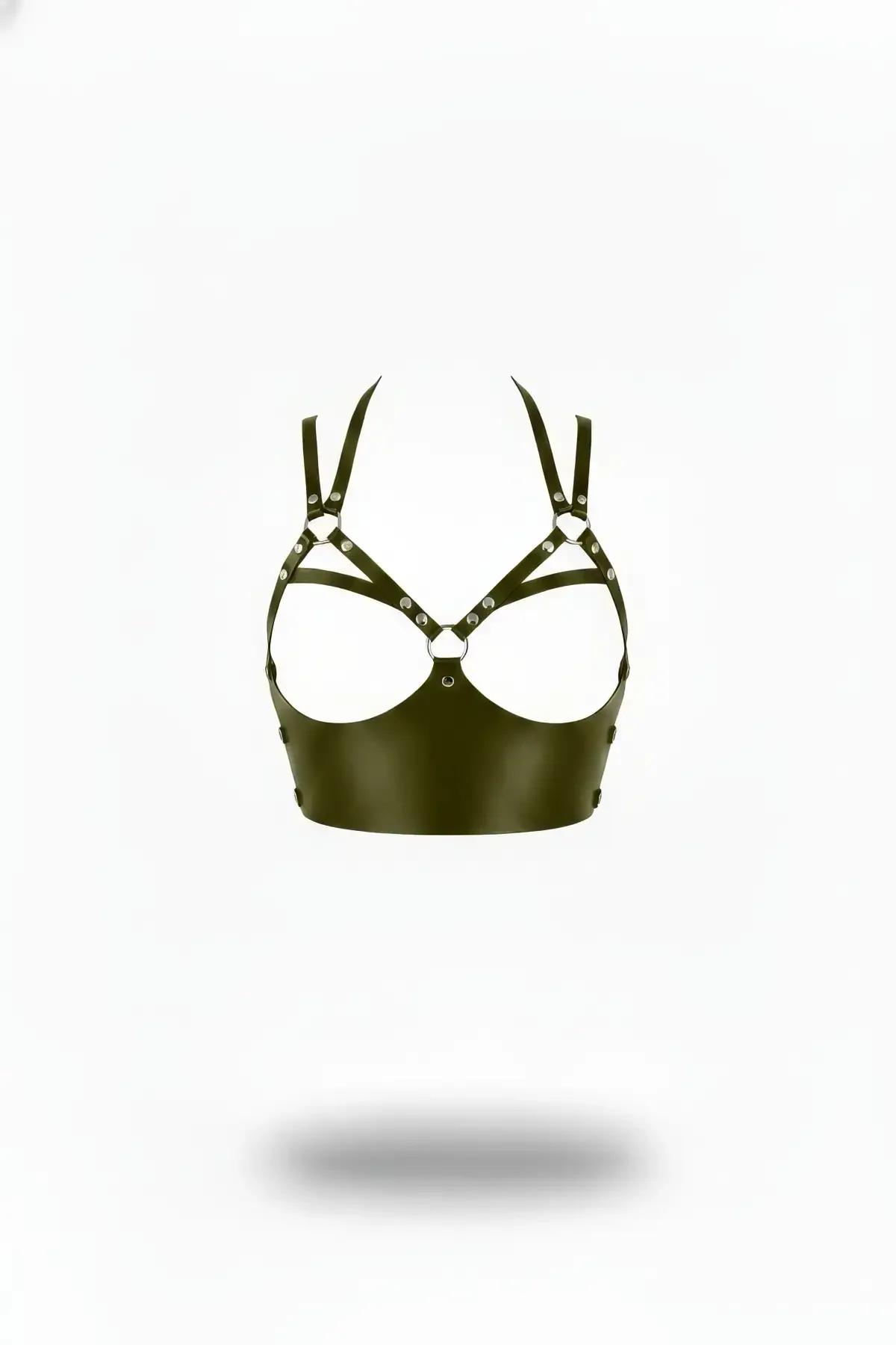 Khaki faux leather open cup harness bra with silver O-rings and stud hardware, matte olive-green strappy boudoir style