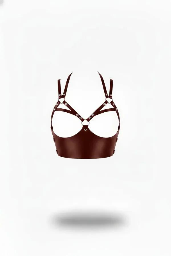 burgundy faux leather underbust harness bra with silver O-ring and cage chest straps on white background