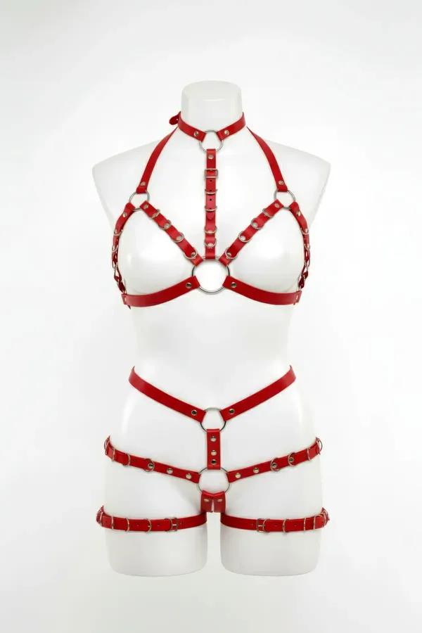 red faux leather full body harness set with three silver O-rings on white mannequin, collar to thigh coverage