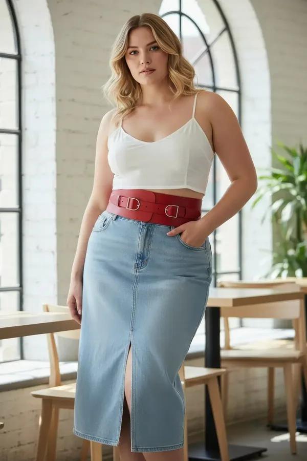 Red wide faux leather waist harness with two silver D-ring buckles worn over white crop top and light blue jeans