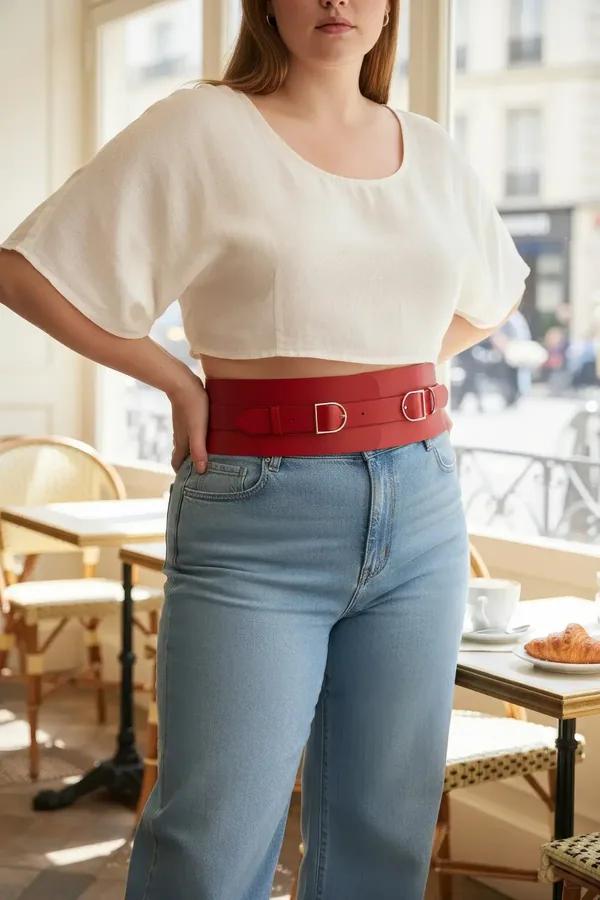 Red wide faux leather waist harness with two silver D-ring buckles worn over white crop top and light blue jeans