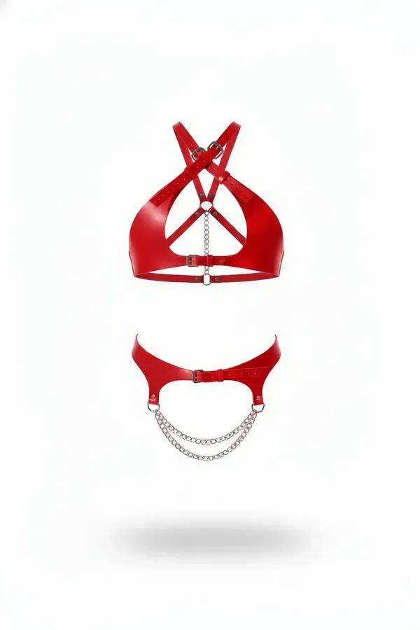 red faux leather halter harness top and waist belt set with double draping silver chains