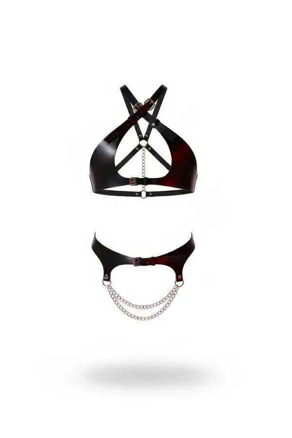 burgundy faux leather two-piece harness set with silver double-drape chain bra top and hip belt