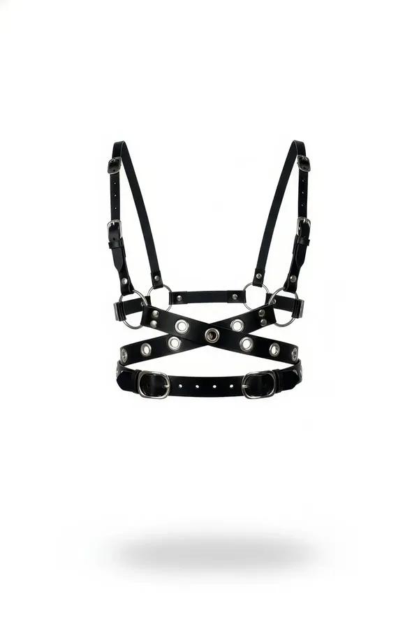 black faux leather X-cross chest harness with silver grommets and O-rings front view
