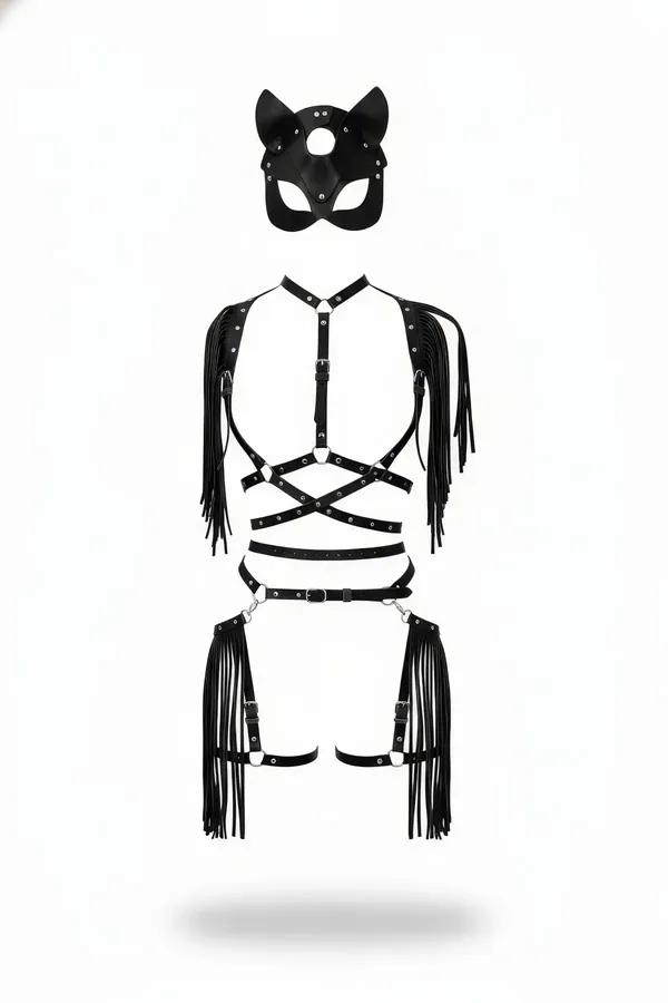 black faux leather body harness with tassel fringe, five O-rings, thigh garters, and matching cat-ear eye mask full set flat