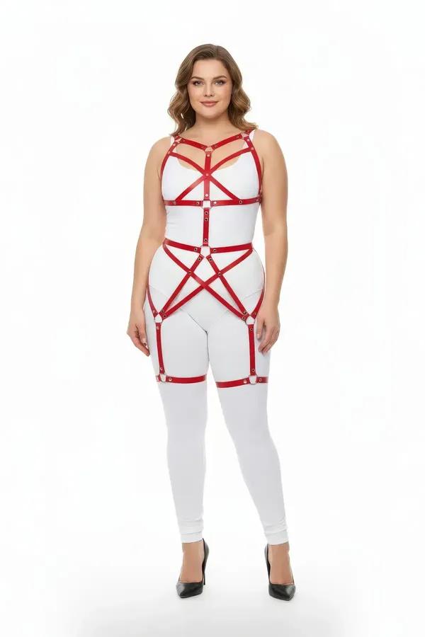 red faux leather full body harness with geometric star torso straps and silver eyelet hardware extending to upper thigh bands