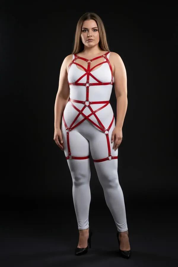 red faux leather full body harness with geometric star torso straps and silver eyelet hardware extending to upper thigh bands