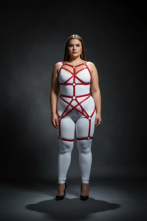 red faux leather full body harness with geometric star torso straps and silver eyelet hardware extending to upper thigh bands