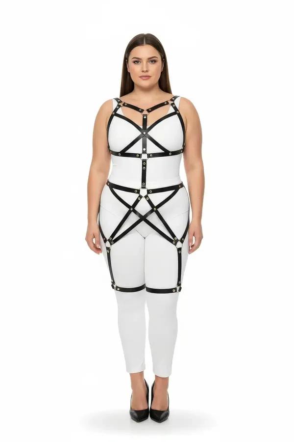 büyük beden siyah vegan deri full body harness takım altın metal O-ring ve yıldız desen bantlı