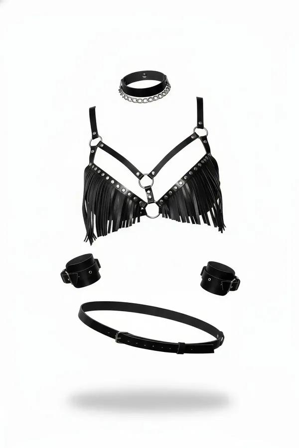 siyah suni deri püsküllü harness takım seti gümüş O-halka zımba zincirli choker bilek kelepçesi kemer