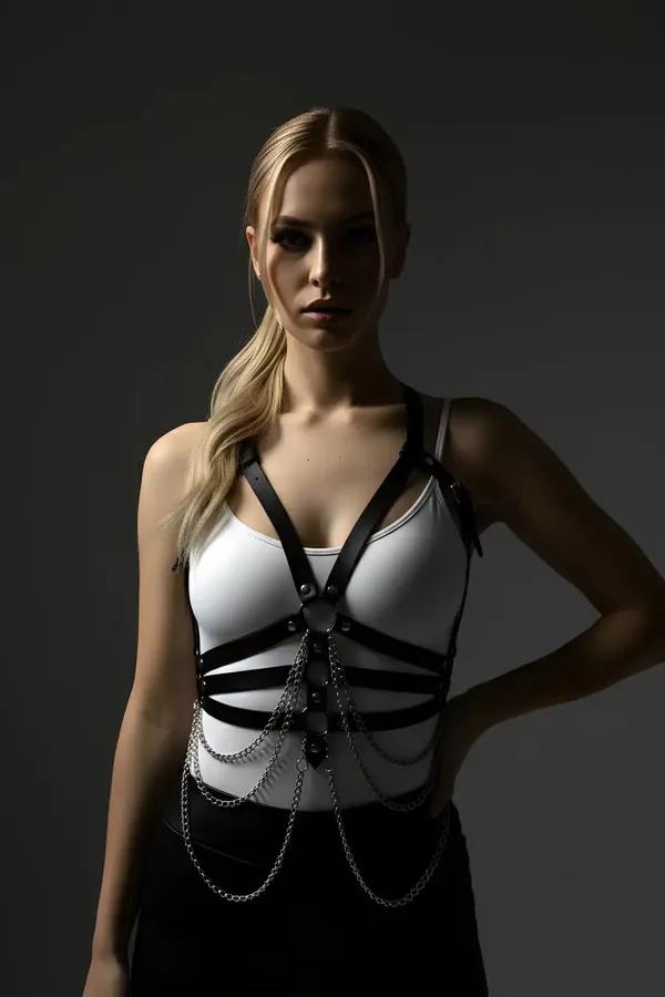 black faux leather chest harness with draped silver chains and square buckles worn over white bodysuit